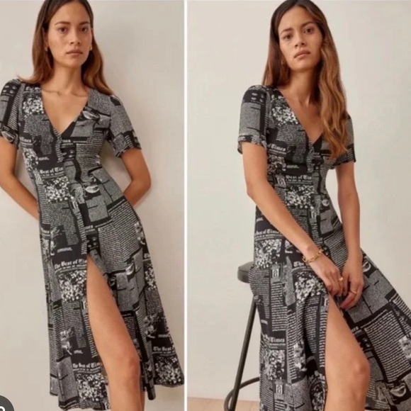 Reformation Locklin Newspaper Print Dress - Picture 1 of 5